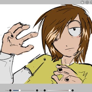 Puede incluir: Ilustración digital de una persona con cabello castaño y una camisa amarilla. La persona tiene una expresión seria y gesticula con las manos. Las uñas están pintadas de negro. El estilo artístico es caricaturesco.