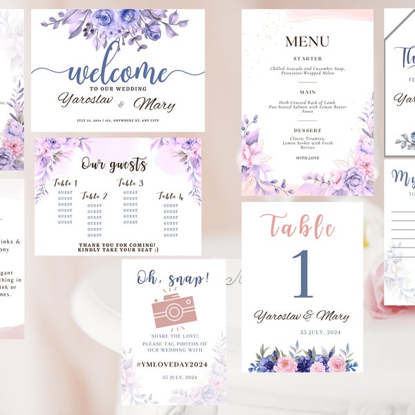 Wedding invitations, Floral wedding accessories, violet bridal accessories, purple wedding invitations, purple wedding table settings