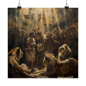 Póster de Daniel en el foso de los leones: arte bíblico vintage