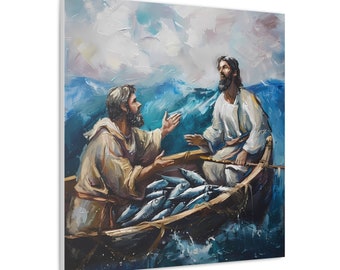 Jesus and Peter Fishing Boat Oil Painting, Biblical Canvas Art