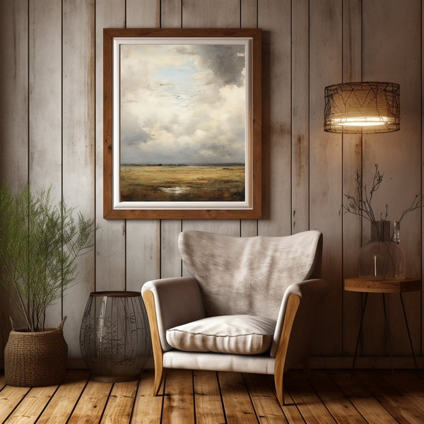 Hay Field Landscape Oil Painting Vintage Overcast Landscape Wall Art Field Home Decor Landscape Printable Digital Download