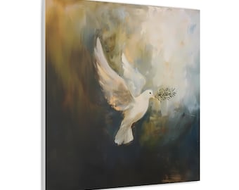 May include: A white dove with an olive branch in its beak flies through a dark blue and gold cloudy sky. The dove is a symbol of peace and hope.