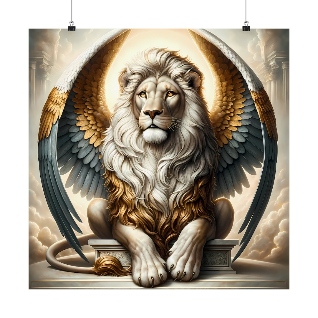 翼のあるライオンのスピリチュアルアートポスター：威厳ある知恵の