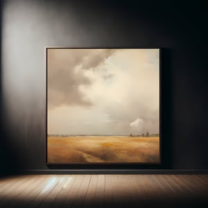 Könnte beinhalten: Ein gerahmtes Gemälde einer Landschaft mit einem bewölkten Himmel und einem Feld mit goldenem Gras. Das Gemälde befindet sich in einem dunklen Raum mit einem Holzboden.