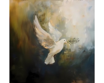 May include: A white dove with olive branches in its beak flies against a background of muted green, brown, and blue brushstrokes.