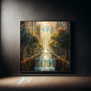 May include: A painting depicting a city street with a waterfall cascading down the centre. The street is flanked by trees and buildings, and the sky is a vibrant blue. The painting is framed in a dark wood frame.