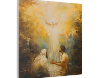 Puede incluir: Una pintura que representa una escena religiosa de un hombre siendo bautizado en un río. Una paloma blanca con las alas extendidas desciende de un cielo amarillo brillante, simbolizando el Espíritu Santo. La escena está pintada en un estilo realista con colores suaves y apagados.