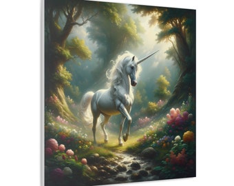Könnte beinhalten: Ein weißes Einhorn mit einem langen Horn steht auf einer Lichtung in einem üppigen Wald. Das Einhorn ist von bunten Blumen und einem kleinen Bach umgeben. Die Sonne scheint durch die Bäume und erzeugt eine magische Atmosphäre.