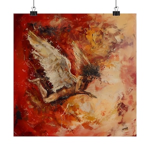May include: A painting of an angel with wings spread wide, falling through a fiery red and orange sky. The angel is depicted with a muscular body and a determined expression.