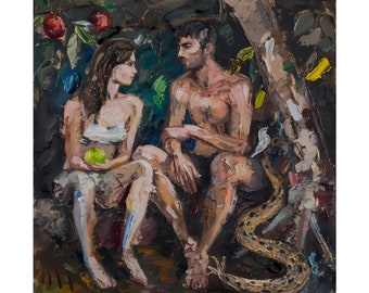 Adam en Eva-kunstposter: boom der kennis, bijbelse Genesis-afdruk