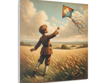 Boy Flying Kite Painting Print Childhood Vintage Oil Painting Printed on Canvas Kite Decor Youthful Wall Art Canvas Print