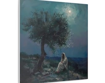 May include: A painting depicting a figure in a white robe seated beneath a tree at night. The moon is visible in the sky, with stars scattered across the background.