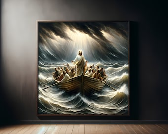 Vintage olieverfschilderij Jezus kalmeert de storm: bijbelse kunst (digitale download)