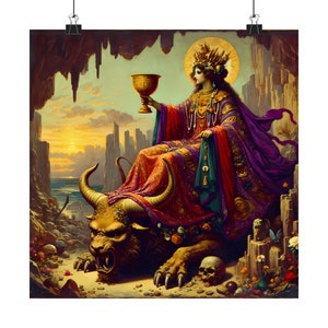 Babylon the Great seated upon the Beast Poster Made in USA Revelations Spiritual Art Bible Wall Art Home Decor Church Art Bible Story Poster