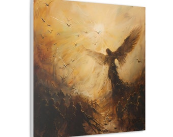 May include: A painting of an angel with large wings, standing in a golden light with birds flying around it. The angel is surrounded by a crowd of people in the foreground.