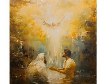 Puede incluir: Una pintura que representa una escena religiosa de un hombre siendo bautizado en un río. Una paloma blanca con las alas extendidas desciende de un cielo amarillo brillante, simbolizando el Espíritu Santo.