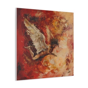 May include: An abstract painting of a figure with large white wings, set against a backdrop of red, orange, and yellow hues. The artwork features a textured, brushstroke style, creating a dynamic and expressive composition.