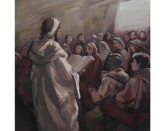 May include: A painting depicting a group of people listening to a man in a white robe reading from a book. The man is standing in the center of the group, and the people are seated around him. The painting is done in a realistic style, with soft colors and brushstrokes.