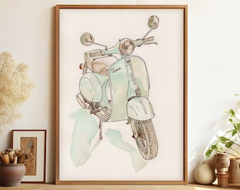 Stampa artistica per bambini con acquerello Vespa: illustrazione di scooter (download digitale)