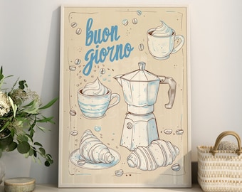 Impression d'art Buongiorno Coffee : décoration de cuisine italienne rétro (art numérique)