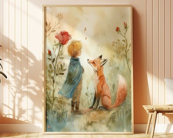 The Little Prince Nursery Art, Nursery Decor, Nursery Watercolor Art, Nursery Art, The Little Prince Digital Art, Little Prince Fox Rose Art