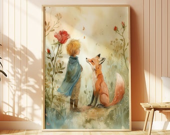 The Little Prince Nursery Art, Nursery Decor, Nursery Watercolor Art, Nursery Art, The Little Prince Digital Art, Little Prince Fox Rose Art