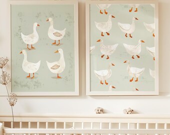 Duck Pair Watercolor Nursery Art Prints: Vintage Farm Decor (Digital Download)