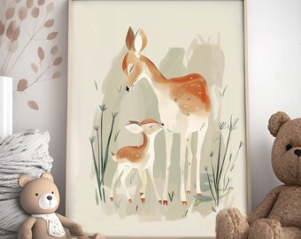 Mother Deer Watercolor Nursery Art Print (Digital Download)