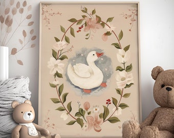 Impressão artística floral de pato para berçário: aquarela vintage (download digital)