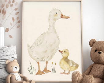 Quadro infantil em aquarela com a mamãe pata (Download digital)