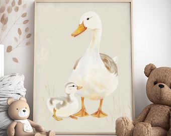 Impressão em aquarela de mãe pata para berçário: arte vintage de patinho (download digital)