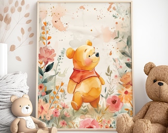 Winnie-The-Pooh Nursery Art: Floral Watercolor Print (Digital Download)