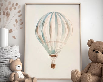 May include: A framed watercolor painting of a blue and white hot air balloon with a brown basket. The balloon is against a light beige background.