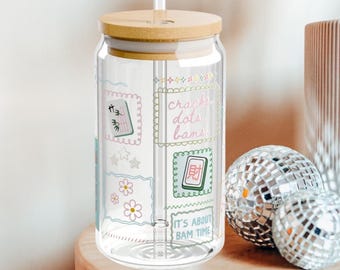 Mahjong Glass Can 16 oz, Mahjong Player Gift, Mahj Party Glass, Mahjong Social Club Tumbler Bamboo Lid & Straw, Crak Dot Bam Game Night