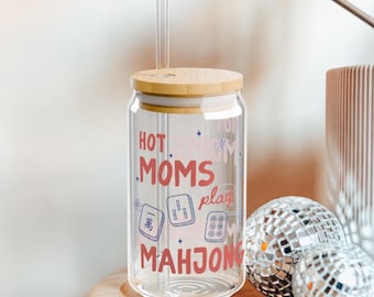 Mahjong Glass Can 16 oz, Hot Moms Play Mahjong, Mom Mahj Gift, Mahjong Social Club Glass Tumbler Bamboo Lid & Straw, Crak Dot Bam Game Night