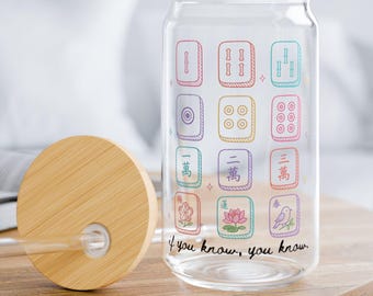 Mahjong Glass Can 16 oz, Mahjong Player Gift, Mahj Party Glass, Mahjong Social Club Tumbler Bamboo Lid & Straw, Crak Dot Bam Game Night