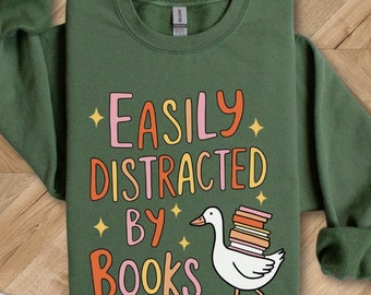 Easily Distracted By Books Crewneck, Funny Reading Sweatshirt, Book Lover Gift, Booktok Merch, Fantasy Reader, Gift for Her, Bookish Merch