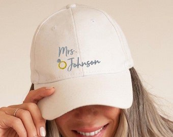 Custom Mrs. Embroidered Hat, Bride Baseball Cap with Engagement Ring, Wedding Gift, Personalized Bridal Hat, Bachelorette Accessory, Gift