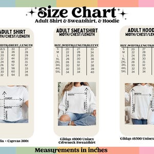 May include: Size chart for adult shirts, sweatshirts, and hoodies. Includes measurements in inches for width, chest, length, and sleeve. The chart shows Bella + Canvas 3001 shirts, Gildan 18000 sweatshirts, and Gildan 18500 hoodies.