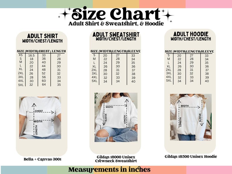 May include: Size chart for adult shirts, sweatshirts, and hoodies. Includes measurements in inches for width, chest, length, and sleeve. The chart shows Bella + Canvas 3001 shirts, Gildan 18000 sweatshirts, and Gildan 18500 hoodies.