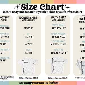May include: Size chart for infant bodysuits, toddler and youth t-shirts, and youth sweatshirts. Includes measurements in inches for various sizes, such as NB (0-3 months) with a width of 7.5 inches and length of 11 inches, and Youth XL with a width of 20 inches and length of 25.5 inches.