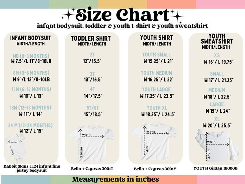 May include: Size chart for infant bodysuits, toddler and youth t-shirts, and youth sweatshirts. Includes measurements in inches for various sizes, such as NB (0-3 months) with a width of 7.5 inches and length of 11 inches, and Youth XL with a width of 20 inches and length of 25.5 inches.