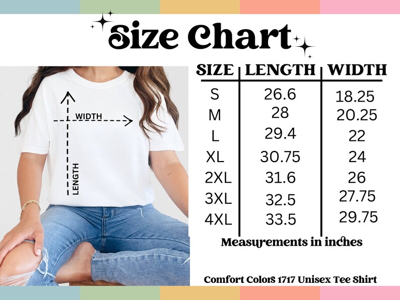 K&ouml;nnte beinhalten: Wei&szlig;es Comfort Colors 1717 Unisex-T-Shirt mit Gr&ouml;&szlig;entabelle. Die Tabelle zeigt die Ma&szlig;e in Zoll f&uuml;r die Gr&ouml;&szlig;en S bis 4XL, einschlie&szlig;lich L&auml;nge und Breite. Der Text "Size Chart" steht oben.