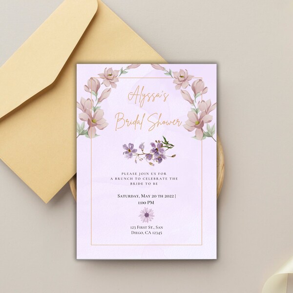 Flowery Purple Invitation | Bridal Shower | Birthday | Flower | Celebration | Elegant | Anniversary | Retirement | Nature | Tea Party