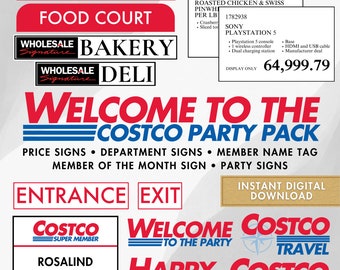 COSTCO PARTY PACK - Anpassbare Preisschilder, Willkommen zum Partyschild, Happy Birthday-Schild, Abteilungsschilder, Mitglied des Monats, Mitgliedsabzeichen