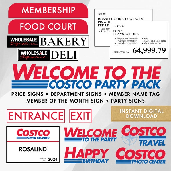 Costco Party Pack - Customizable Price Signs, Welcome to the Party Sign, Happy Birthday Sign, Dept Signs, Member of the Month, Member Badges