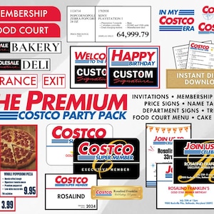 Costco Party Pack Premium - Convites, Placas de preço personalizadas, Placa de boas-vindas, Placas de departamento, Praça de alimentação, Curiosidades, Membro do mês, Crachás de identificação