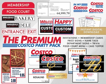 Costco Party Pack Premium - Convites, Placas de preço personalizadas, Placa de boas-vindas, Placas de departamento, Praça de alimentação, Curiosidades, Membro do mês, Crachás de identificação