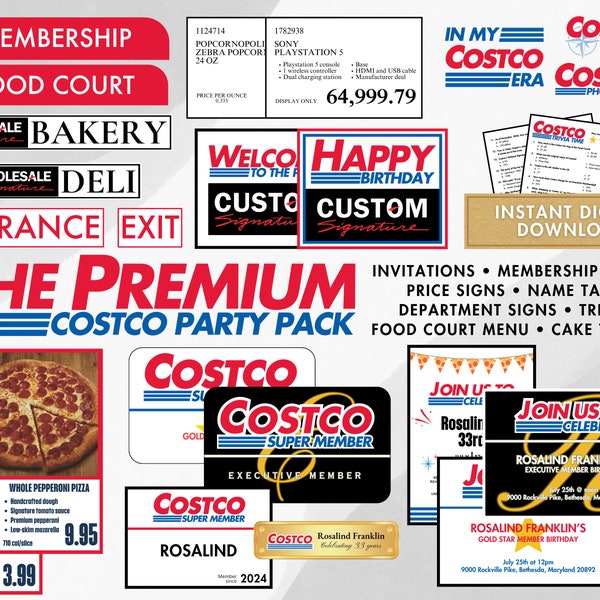 Costco Party Pack Premium – Einladungen, individuelle Preisschilder, Willkommensschild, Abteilungsschilder, Food Court, Wissenswertes, Mitglied des Monats, Namensschild-Abzeichen
