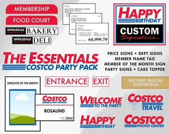 Cstco Party Pack Essentials - Personalisierbare Preisschilder, Willkommen zur Party & Happy Birthday-Schild, Abt.-Schilder, Mitglied des Monats, Badges